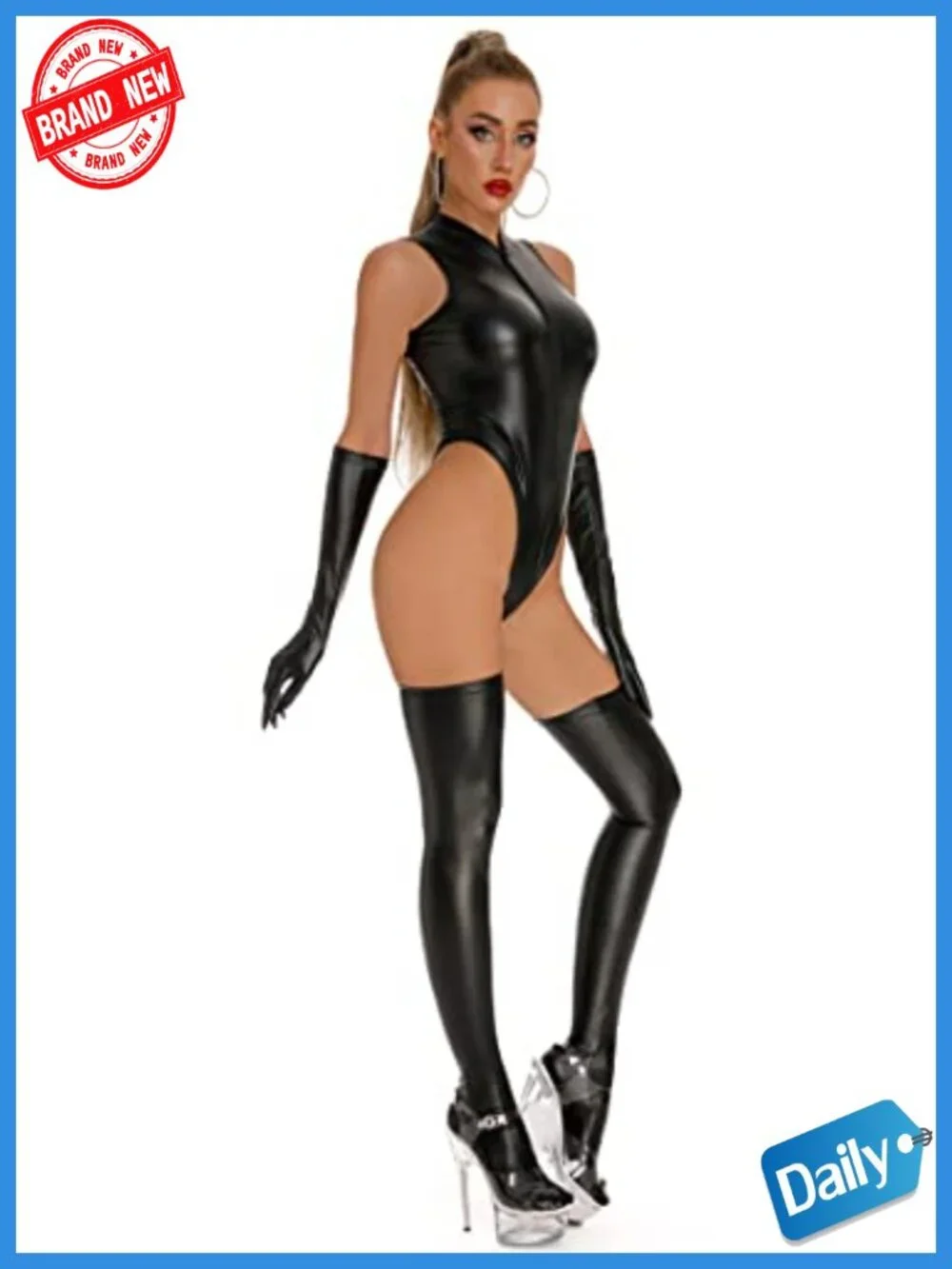Shiny Metallic Bodysuit Jumpsuit with Stockings & Gloves for Raves Parties